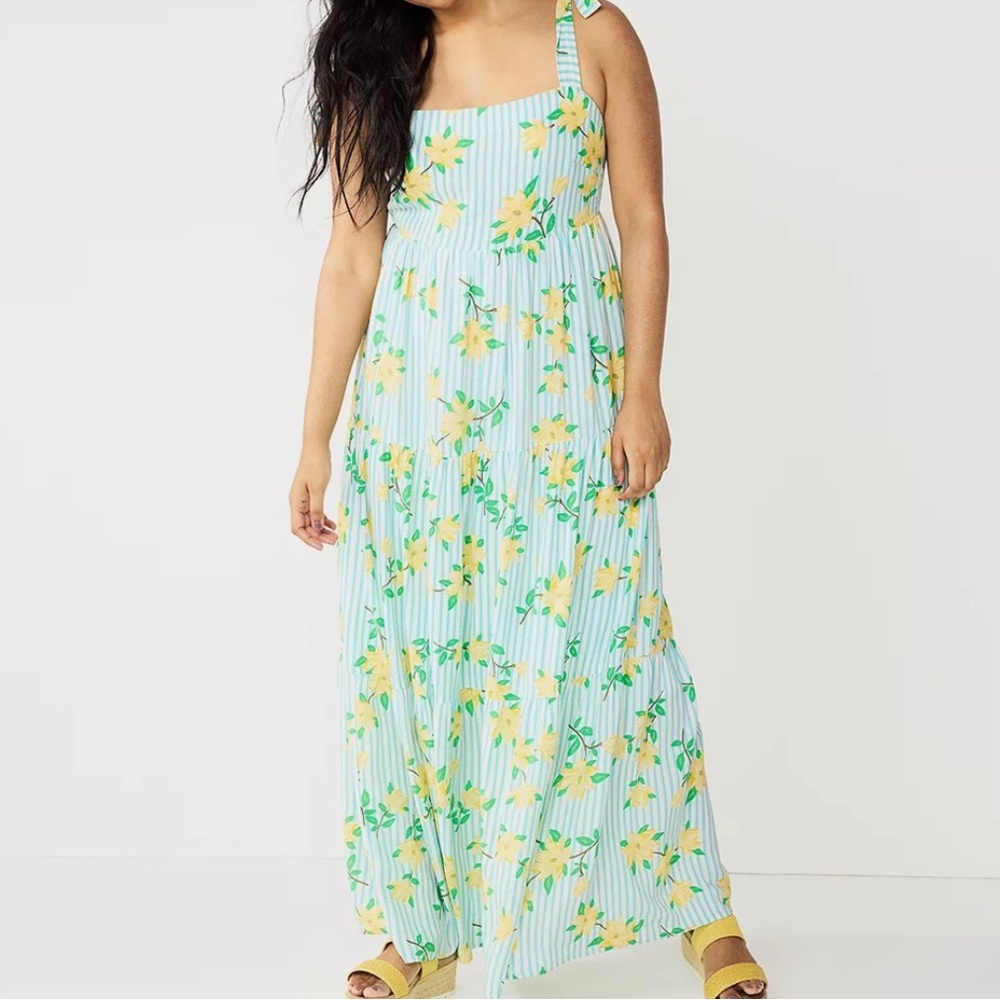 Draper James - NWT Women’s (S) Blue White Stripe Floral Maxi Dress Linen Blend